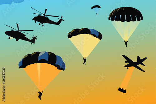 Create a seamless vector pattern featuring stylized parachutes and helicopters, incorporating a vibrant color palette and geometric shapes.