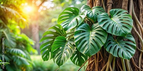 A Monstera plant with large leaves and aerial roots hanging from a sturdy stem , tree, botanical,  tree, botanical photo