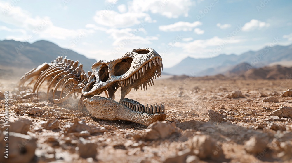 Fototapeta premium Detailed Dinosaur Skeleton in Desert Landscape Under Blue Sky