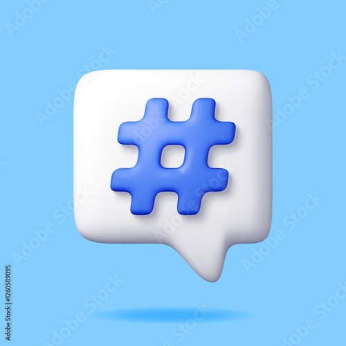 3D Hashtag icon on speech bubble isolated. Render hash tag icon for social media. Chat message, communication, ad, search and online community. Blog and social network. Vector illustration