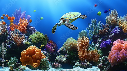 Fototapeta Naklejka Na Ścianę i Meble -  Sea turtle swims coral reef, ocean background. Underwater nature scene