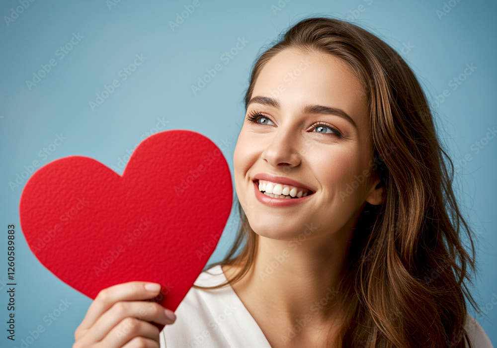 Heart shaped decoration held by happy woman smiling against blue background Heart shaped decoration held by happy woman smiling against blue background