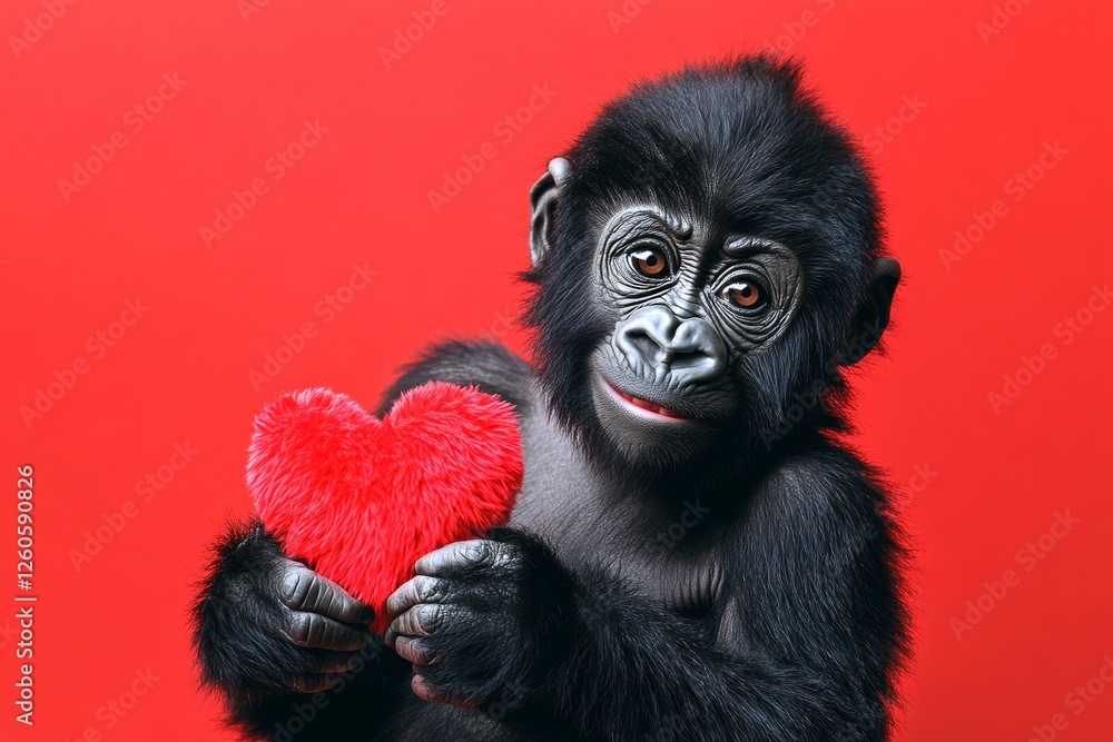 Digital ads conceptual art. Cute gorilla baby with fluffy red heart - emblem of love, funny greeting card. Gorilla - my beloved animal. Ad idea. Adorable animal love art. Cute animal couples. Digital ads conceptual art. Cute gorilla baby with fluffy red heart - emblem of love, funny greeting card. Gorilla - my beloved animal. Ad idea. Adorable animal love art. Cute animal couples.