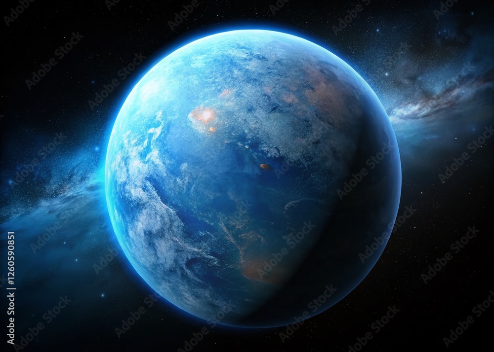 Fototapeta premium Cosmic Crater: Stunning Blue & White Planet in Vast Space - Stock Photo