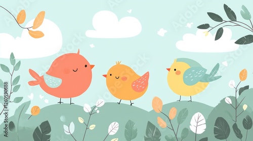 Charming Birds in a Whimsical Landscape, Cute Bird Illustration for Children