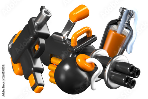 Realistic minigun, Uzi gun, cannonball, Molotov cocktail in bottle