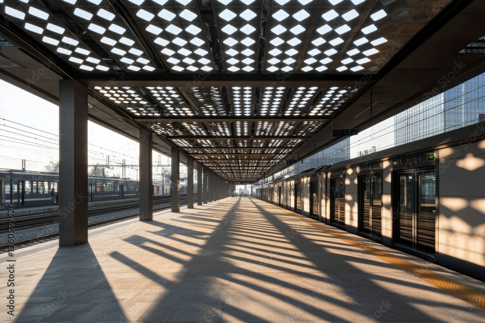 Empty urban train platform with patterned roof casting long shadows, waiting train Empty urban train platform with patterned roof casting long shadows, waiting train