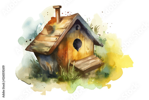 Watercolor background with feeder. Wooden birdhouse.