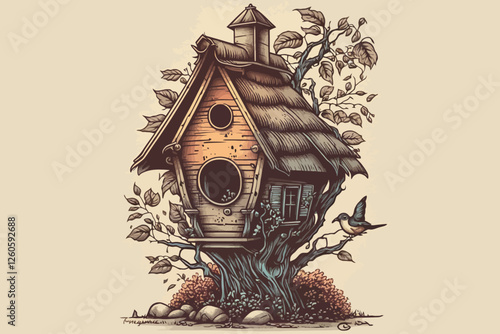 Background with feeder. Wooden birdhouse.