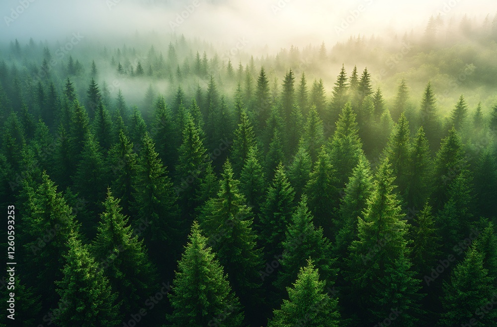 Lush emerald canopy, An aerial view of a verdant pine forest shrouded in morning mist Lush emerald canopy, An aerial view of a verdant pine forest shrouded in morning mist