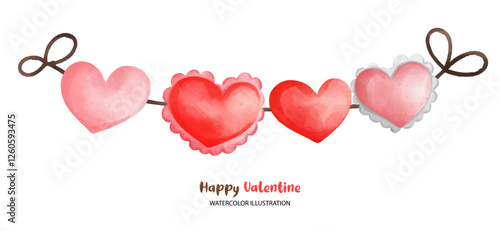 love valentine, charming watercolor illustration of hearts in various shades, perfect for Valentine Day celebrations. design features string of hearts, creating festive atmosphere