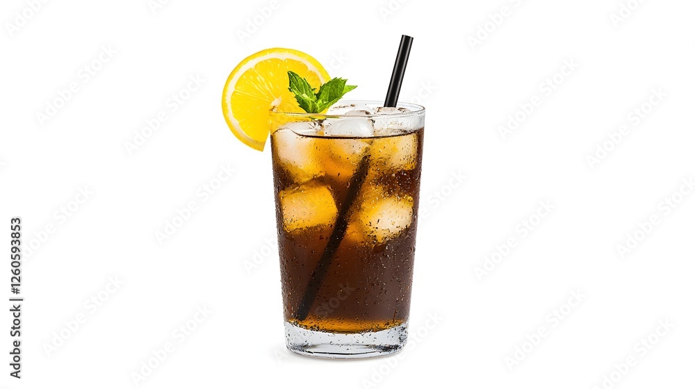 A refreshing glass of cola with ice, a lemon slice, and a mint garnish, served with a black straw. A refreshing glass of cola with ice, a lemon slice, and a mint garnish, served with a black straw.