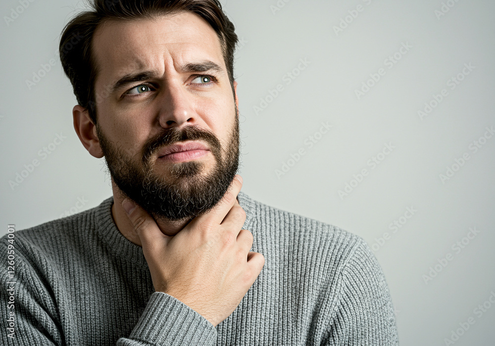 Man expressing deep thought with an emotional expression while thinking and pondering in a gray sweater Man expressing deep thought with an emotional expression while thinking and pondering in a gray sweater