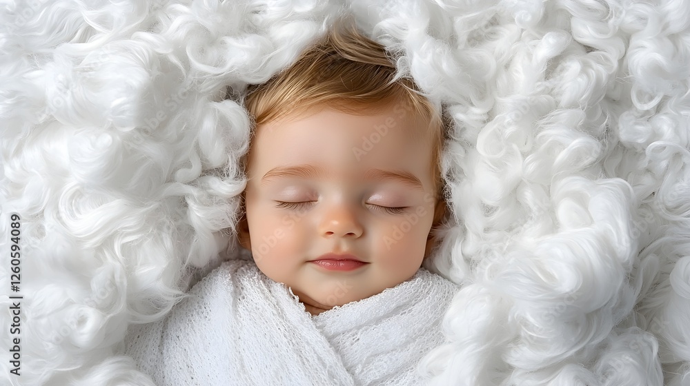 A peaceful baby nestled in fluffy white fabric, eyes closed, exuding tranquility and innocence. A peaceful baby nestled in fluffy white fabric, eyes closed, exuding tranquility and innocence.