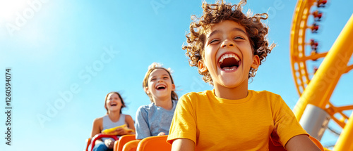 Three joyful children ride a roller coaster, laughing and enjoying the thrill under a bright blue sky.