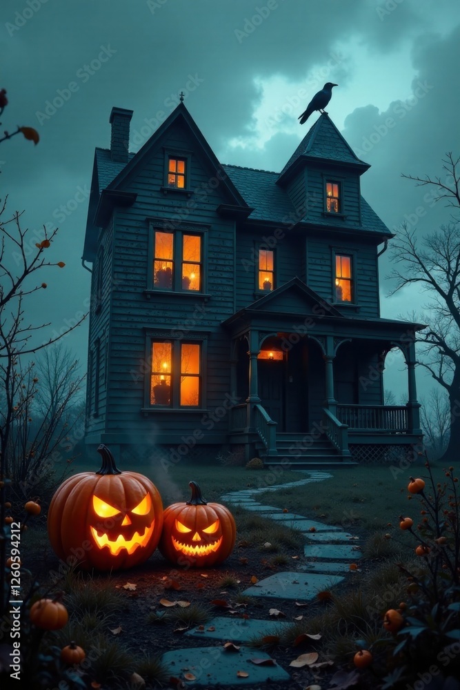 An Enigmatic Victorian House with Illuminated Windows, Flanked by Carved Jack-o'-lanterns on a Moonlit Path An Enigmatic Victorian House with Illuminated Windows, Flanked by Carved Jack-o'-lanterns on a Moonlit Path