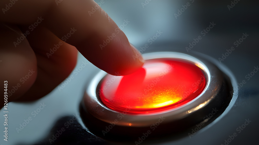 Close-up finger pressing a big red button, dark background Close-up finger pressing a big red button, dark background