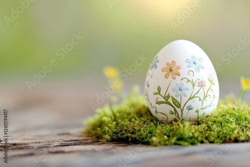 Elegant white egg with floral patterns on moss for easter decoration and nature-inspired design photo