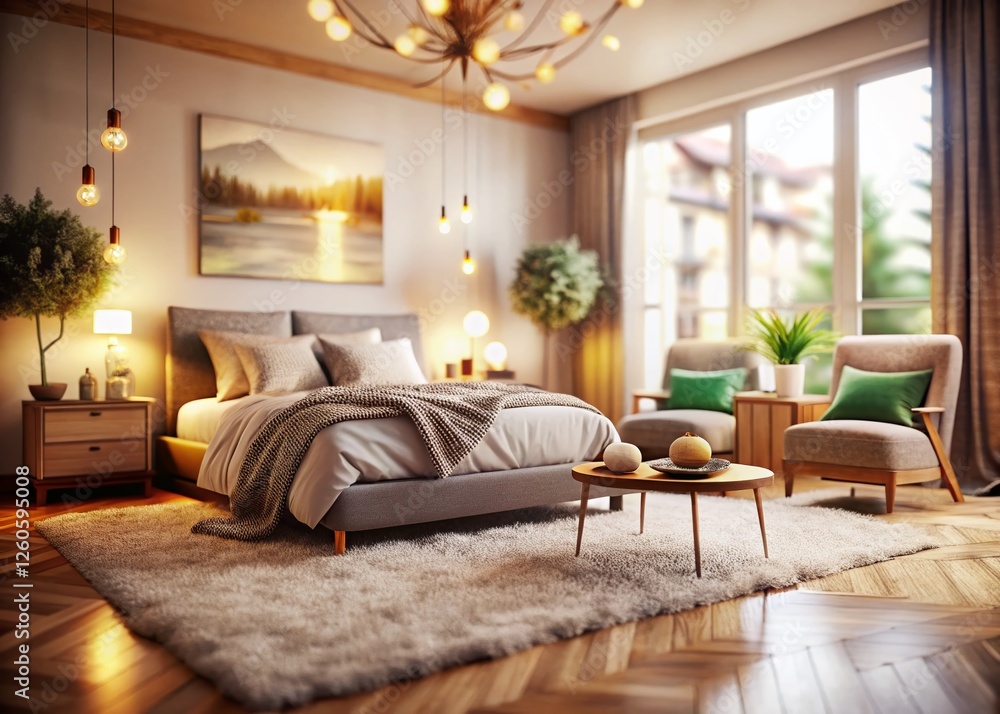 Fototapeta premium Cozy Sustainable Bedroom: Soft Textures & Upcycled Furniture in a Modern Home