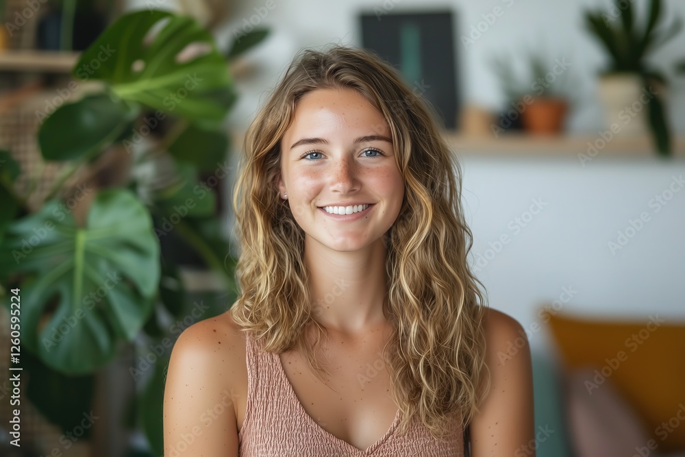 Fototapeta premium Portrait of a beautiful young woman with long blonde hair, smiling confidently indoors, surrounded by houseplants, conveying natural beauty, wellness, and a positive lifestyle.