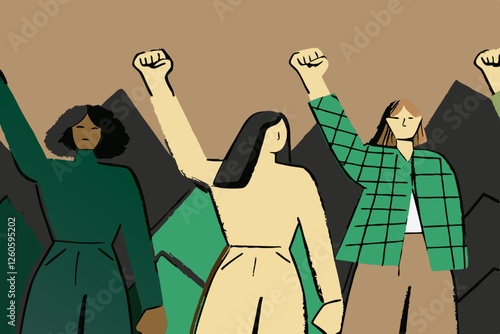 Illustration of female empowerment. Female power, diversity, strong girl concept, international woman day. Anti racism, stop discrimination. 