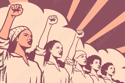 Illustration of female empowerment. Female power, diversity, strong girl concept, international woman day. Anti racism, stop discrimination. 