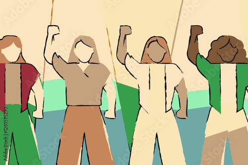 Illustration of female empowerment. Female power, diversity, strong girl concept, international woman day. Anti racism, stop discrimination. 