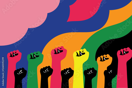 Illustration of female empowerment. Female power, diversity, strong girl concept, international woman day. Anti racism, stop discrimination. 