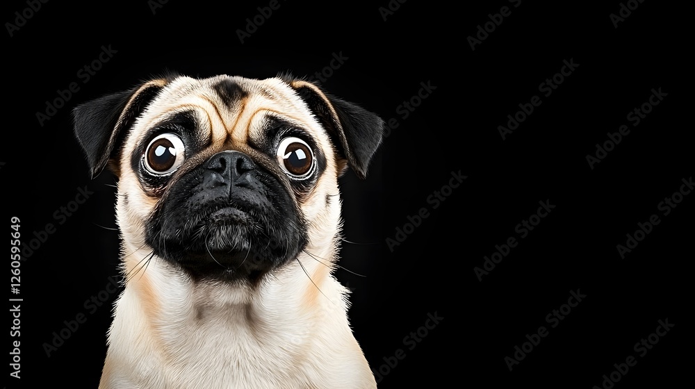Obraz premium Pug with large eyes and a surprised expression against a black background, showcasing its adorable features.
