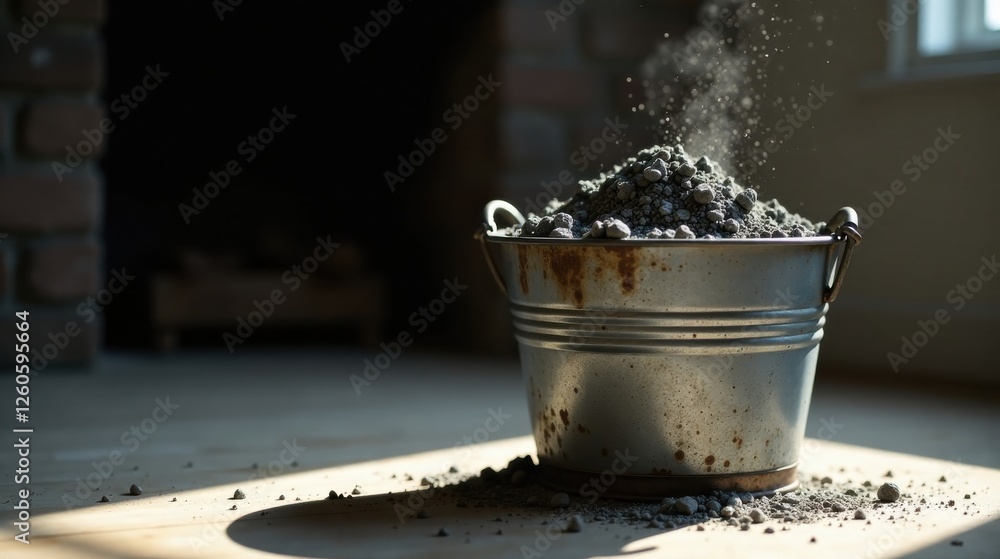 A weathered metal pail overflowing with granular material, illuminated by a shaft of sunlight, casting shadows on a wooden surface A weathered metal pail overflowing with granular material, illuminated by a shaft of sunlight, casting shadows on a wooden surface