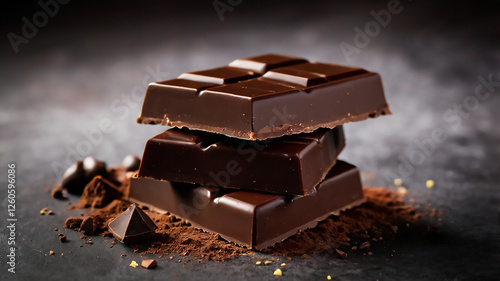 a bar of dark chocolate, with some loose pieces of chocolate and cocoa powder nearby
