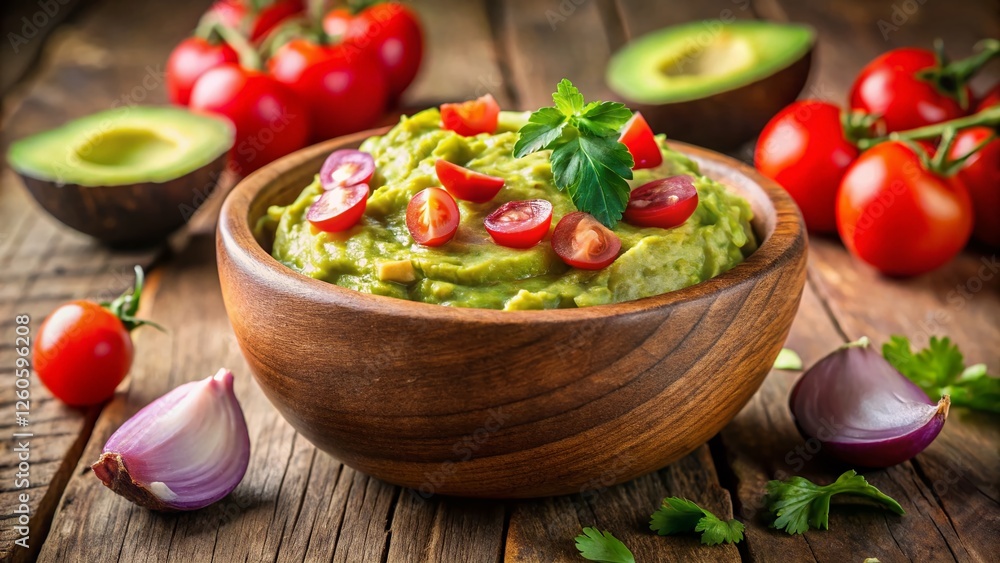 Creamy Avocado Guacamole in Bowl with Tomatoes and Onions - Stock Photo Creamy Avocado Guacamole in Bowl with Tomatoes and Onions - Stock Photo