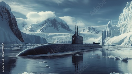 A submarine surfacing in icy waters, surrounded by jagged icebergs photo