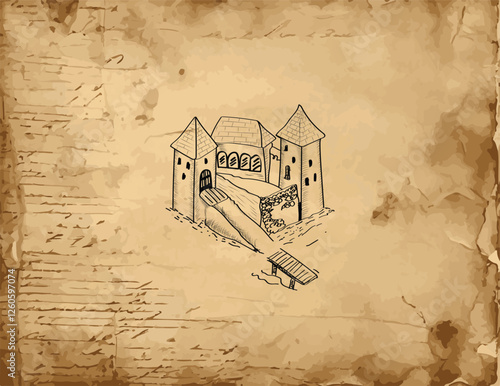 Vintage hand-drawn castle illustration on aged paper. Perfect for historical projects, fantasy storytelling, and medieval-themed designs. High-quality digital art.