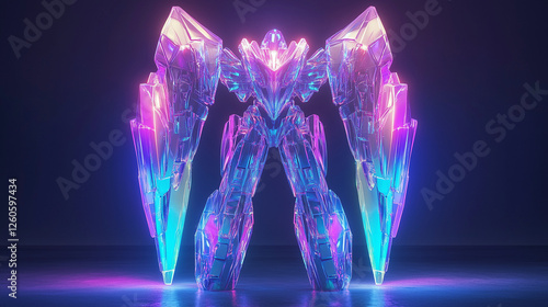 A sleek, synthetic robot with a holographic plastic surface stands illuminated by dynamic neon hues, exuding a futuristic aura.A sleek, synthetic robot with a holographic plastic surface stands illumi photo