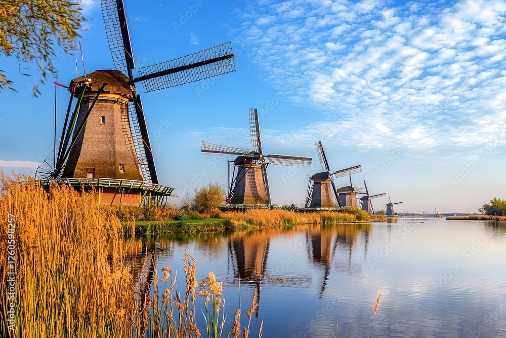 Naklejka premium Sunny Day with Iconic Windmills in Holland