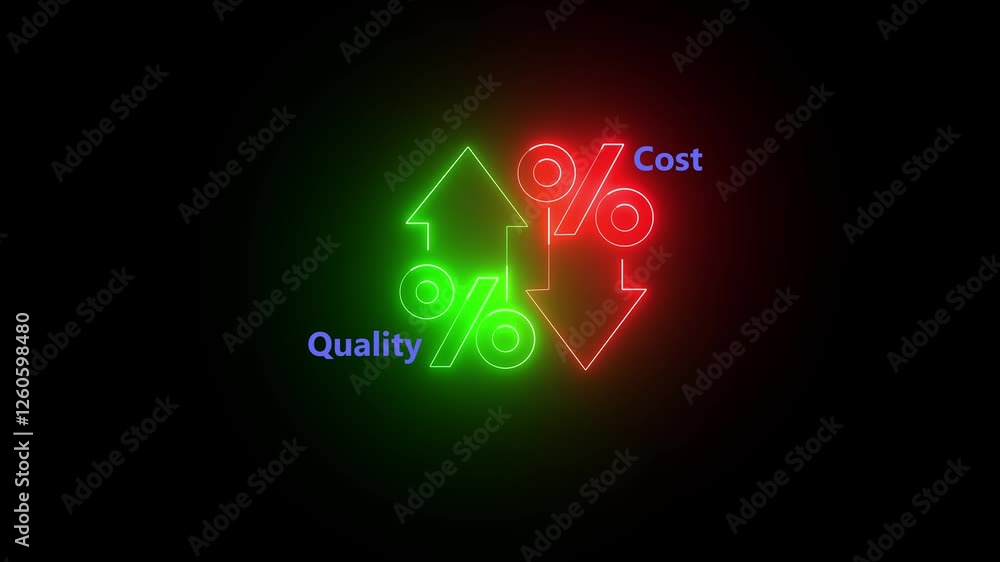 Quality control and company cost reduction. Cost and quality control concept. quality with up arrow and cost with down arrow on black background