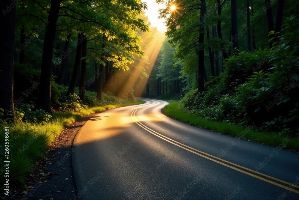 Obraz premium Serene Sunrise Illuminates Winding Forest Road, Golden Rays Filtering Through Lush Canopy