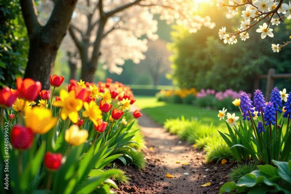 A sunlit garden path bordered by vibrant tulips, daffodils, and hyacinths, showcasing the beauty of spring blossoms in a tranquil outdoor setting. A sunlit garden path bordered by vibrant tulips, daffodils, and hyacinths, showcasing the beauty of spring blossoms in a tranquil outdoor setting.