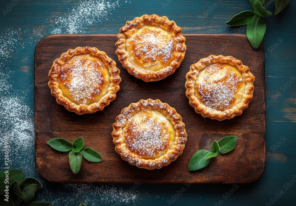 Freshly Baked Mini Tarts with Creamy Filling and Dusting of Sugar, Arranged on Wooden Board Surrounded by Green Leaves
