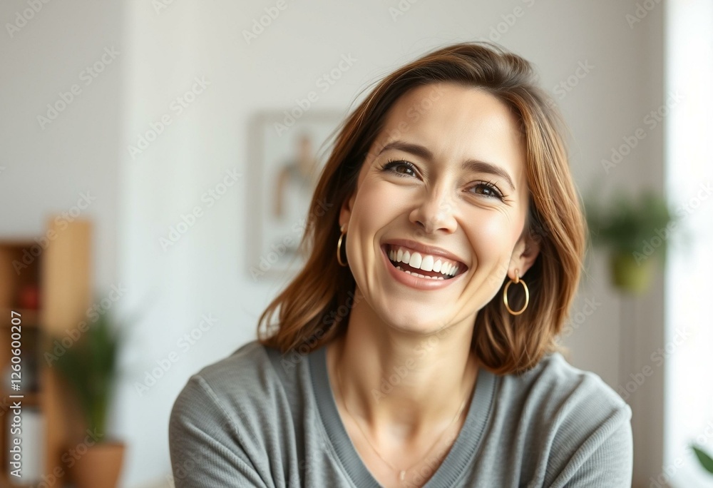 Photorealistic portrait of a smiling woman laughing Photorealistic portrait of a smiling woman laughing