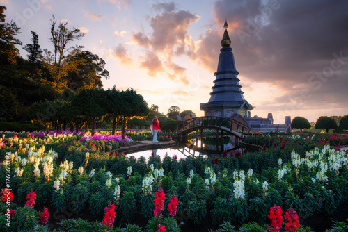 Beautiful Sunrise landscape at two pagoda, (Phramahathat Napamathanidol  Phramahathat Napaphol Bhumisiri) on the top of Inthanon mountain, Doi Inthanon National Park, Chiang mai, Thailan photo