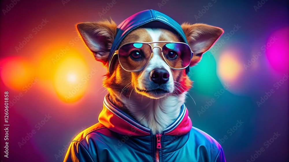 Cute Dog in Hip Hop Jacket & Sunglasses, Pastel Night Background - Stock Photo