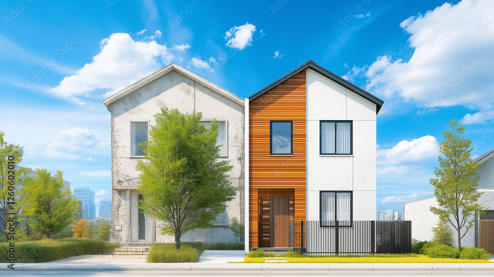 Fototapeta premium before and after photo showcasing home transformation, featuring modern design on one side and older, unattractive structure on other. vibrant colors and clear sky enhance visual appeal