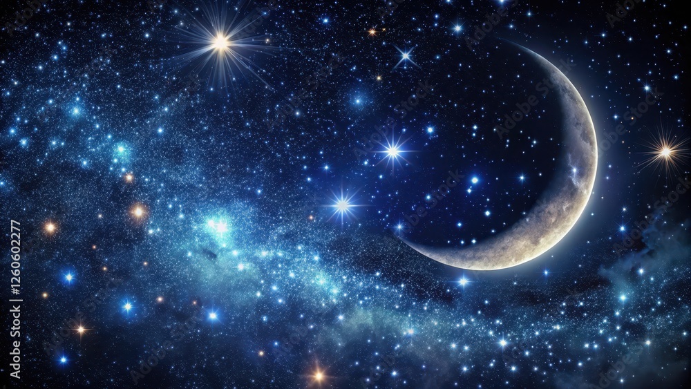 A dark and mysterious night sky adorned with a crescent moon and countless tiny stars that twinkle like diamonds against the blackness of space , cosmic darkness, infinite vastness A dark and mysterious night sky adorned with a crescent moon and countless tiny stars that twinkle like diamonds against the blackness of space , cosmic darkness, infinite vastness