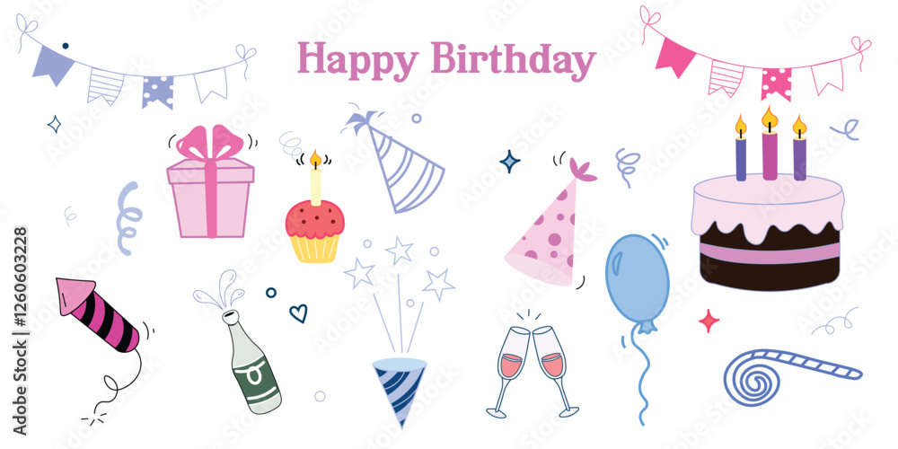 Retro 90s Happy Birthday Stickers – Colorful Party Icons and Celebration Elements as gift box, balloons, party hat, confetti, candles, cake, birthday cake, cupcake, sweets, candy, dessert, surprise Retro 90s Happy Birthday Stickers – Colorful Party Icons and Celebration Elements as gift box, balloons, party hat, confetti, candles, cake, birthday cake, cupcake, sweets, candy, dessert, surprise