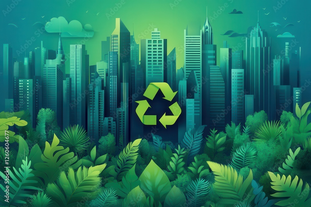 Φωτογραφία ** Sustainable Urban Cityscape with Recycling Symbol Amidst Lush Greenery and Modern Skyscrapers in Eco-Friendly Environment