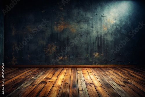 Dark Grunge Room Interior  Wooden Floor  Black Wall  Copy Space