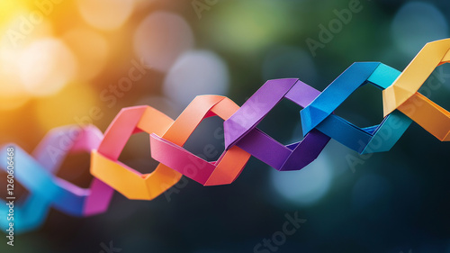 Colorful paper figures linked together, creating vibrant chain against blurred background. warm sunlight enhances cheerful atmosphere of this creative display