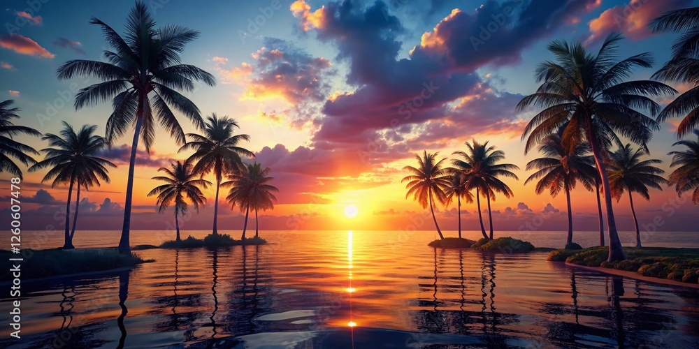 Dawn's Embrace: Palm Trees, Ocean Waves, 3D Rendered Looped Animation Dawn's Embrace: Palm Trees, Ocean Waves, 3D Rendered Looped Animation
